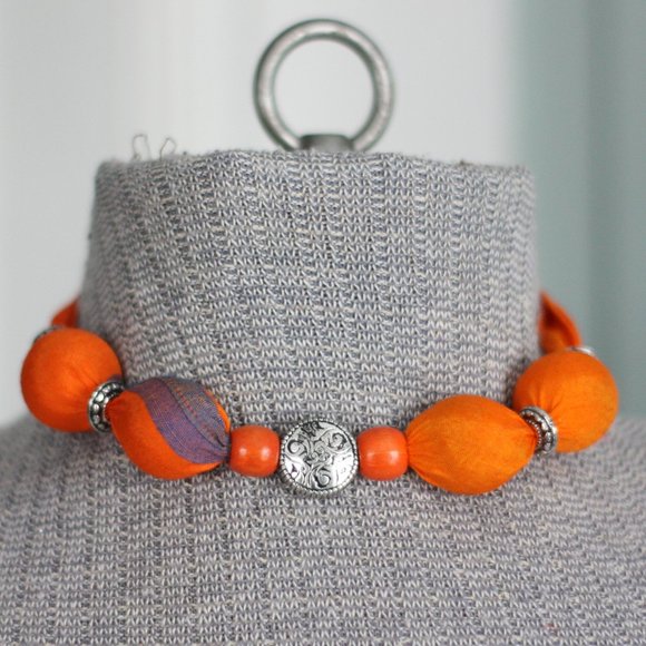 Silver/Orange Cloth Covered Bead Tie on Necklace - Picture 1 of 3
